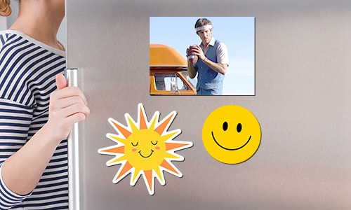 Three Die Cut Magnets on a Refrigerator Door | Banners.com