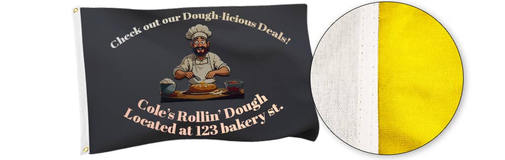 Custom advertising flag for a bakery named Cole's Rollin' Dough
